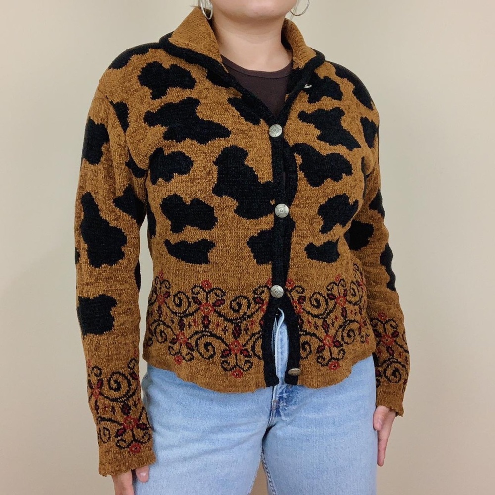 Vintage Tsunami Brown Black Cow Print Knit Cardigan